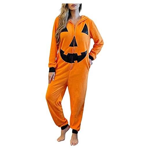 Alaurbeauty pigiama da donna, per halloween, arancione, zucca, onesia, zucca, viso, stampa con zip, tuta con cappuccio per costume e mascherata, colore: arancione. , s