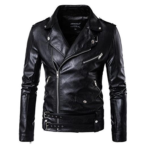 MISSMAO uomo giacca stile motociclista in pelle sintetica con cintura regolabile cappotto pelle de invierno nero m