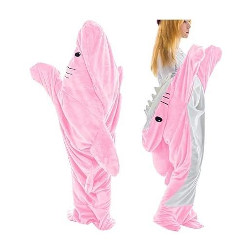 EYEWEB pigiama a tutina con squalo unisex adulto costume di carnevale halloween pigiami cosplay regalo di compleanno natale hooded shark pajamas costume pink-l
