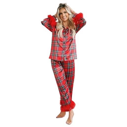Geagodelia set pigiama da donna scozzese camicia da notte 2 pezzi camicia a maniche lunghe con piuma + pantaloni pigiama natale (rosso&scozzese, l)