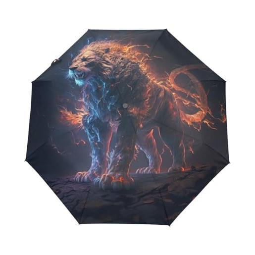 GAIREG ombrello da viaggio compatto, antivento, automatico, con leone bruciante su sfondo scuro, per zaino, borsa