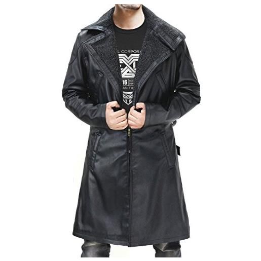 Fashion_First mens blade runner 2049 ryan gosling risvolto pelliccia collare cappotto di pelle nero, nero , xxl
