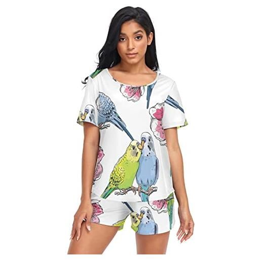 Anantty set pigiama da donna con uccelli tropicali, pappagalli, fiori, estate, pigiameria da notte e pantaloncini da notte, per donne e ragazze, multicolore, m