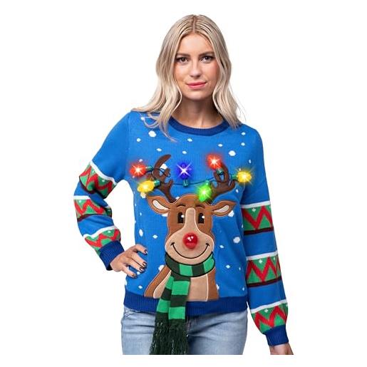 JOYIN maglione natalizio da donna con luci led e renna, con lampadine integrate, rosso, nero, blu, maglione lungo natalizio (s-xl), renna blu per adulti, l