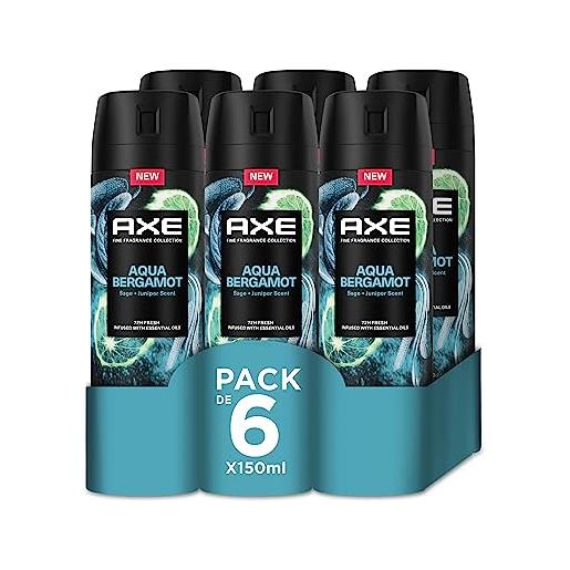 Axe aqua bergamot - confezione di risparmio deodorante spray per uomo, fragranza premium, 6 x 150 ml