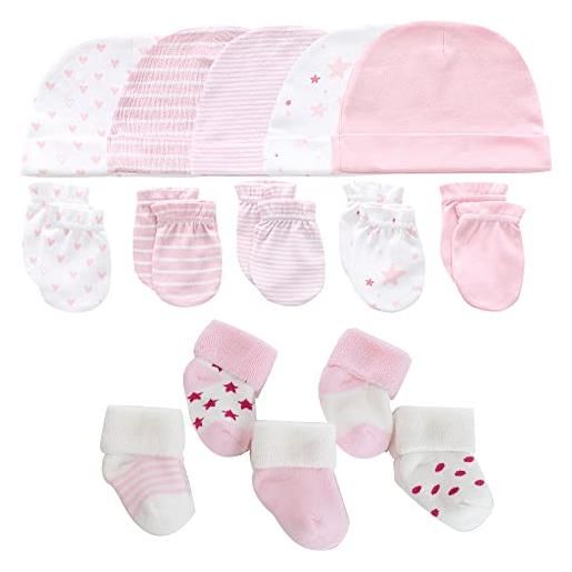 MAMIMAKA set di vestiti per neonate con berretti, guanti e calzini in spugna, in cotone, calzini spessi e caldi, per bambini da 0 a 6 mesi, set 3, 0-6 mesi