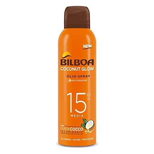 Bilboa, bov solare coconut glow spf 15, crema solare spray con olio di cocco e vitamina e, leggera sulla pelle, protezione solare resistente all'acqua, 150 ml