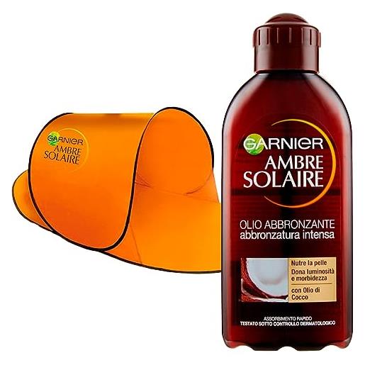 Garnier ambre solaire spray olio abbronzante nutriente abbronzatura intensa rapido assorbimento per pelli scure con olio di cocco flacone da 200ml + tenda da spiaggia