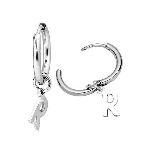 Beloved orecchini da donna a cerchio in acciaio - con lettera dell'alfabeto iniziale pendente - per lobi forati - colore silver (r)