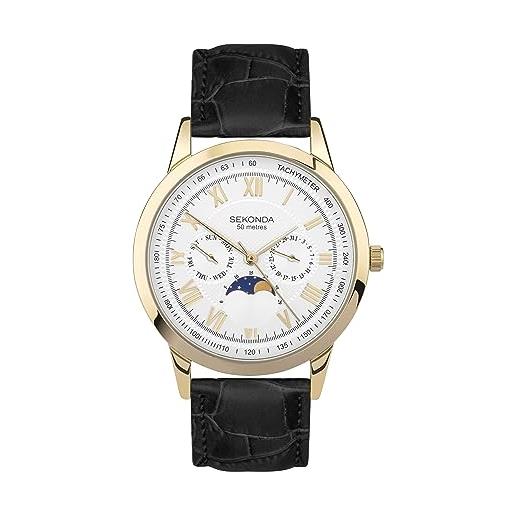 Sekonda armstong classic - orologio al quarzo da uomo, 40 mm, con display analogico giorno/data e cinturino in pelle marrone, oro, armstrong