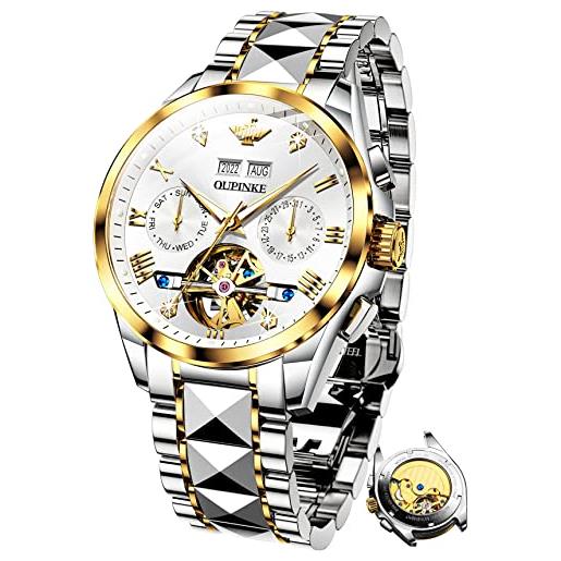OUPINKE orologi da uomo automatici meccanici auto-carica scheletro lusso cristallo zaffiro diamante acciaio tungsteno impermeabile business abito orologi regali, bianco/oro, bracciale
