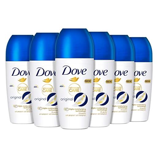 Dove, deodorante roll on advanced care original, deodorante antitraspirante, formula delicata con tripla azione idratante, protezione fino a 48 ore, deodorante uomo e donna, 6 pezzi da 50 ml