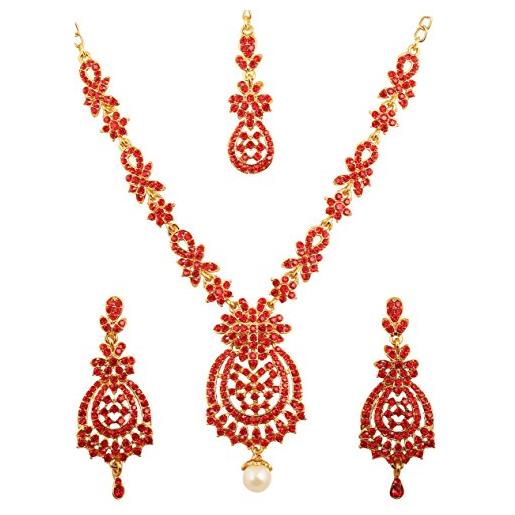 Touchstone set di collana di gioielli da sposa firmati rhines s di ispirazione floreale bollywood rossa per donna rosso