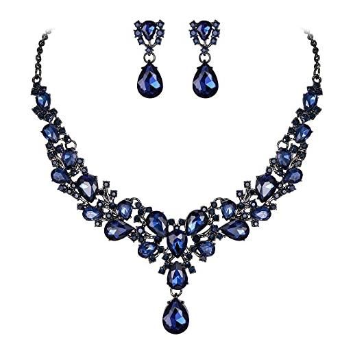EVER FAITH set di gioielli da damigella in cristalli sposa austriaci per donne, set di collana orecchini in goccia d'acqua fiore foglia, zaffiro blu nero-fondo