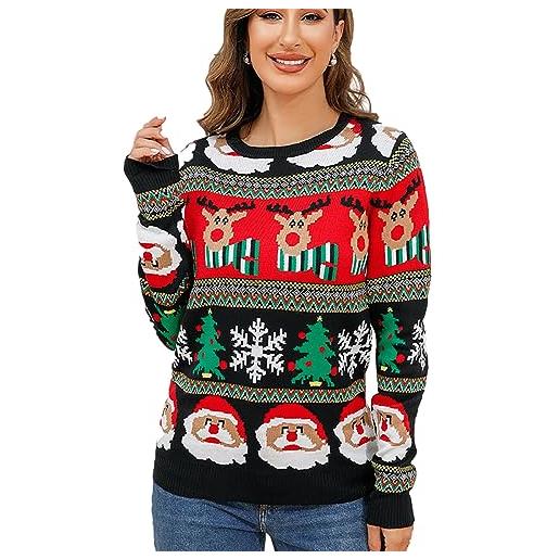 Generisch maglione da donna con motivo anime, scollo rotondo, maglione natalizio da donna, nero, nero , s