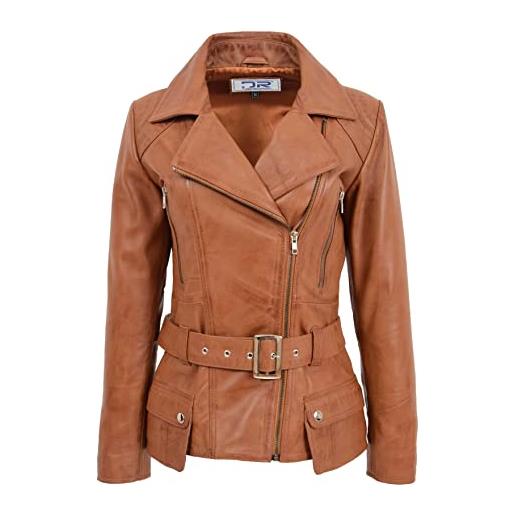 Divergent Retail dr205 - giacca da donna in pelle da motociclista, taglio aderente, lunghezza ai fianchi, colore: marrone chiaro, marrone chiaro, 52