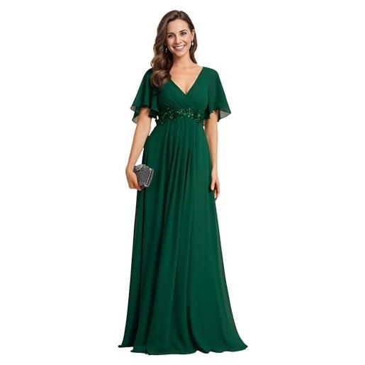 Ever-Pretty vestito donna elegante scollo a v maniche a volant stile lungo abito cerimonia donna verde scuro 58