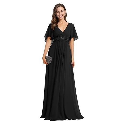 Ever-Pretty vestito donna elegante scollo a v maniche a volant stile lungo abito cerimonia donna nero 50