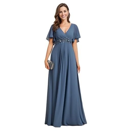 Ever-Pretty vestito donna elegante scollo a v maniche a volant stile lungo abito cerimonia donna blu navy 46