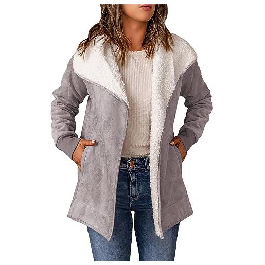 FNKDOR 2023 nuovo giacca invernale da donna con colletto lungo in camoscio cappotto cardigan foderato in pile, lilla, l