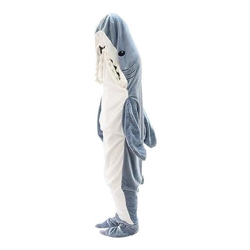 Generic coperta di squalo per adulti, squalo squalo squalo con hoodie, tutti accogliente squalo flanella, regali creativi per lui/lui carino squalo tuta tuta pigiama, w, suitable height 155-170 cm