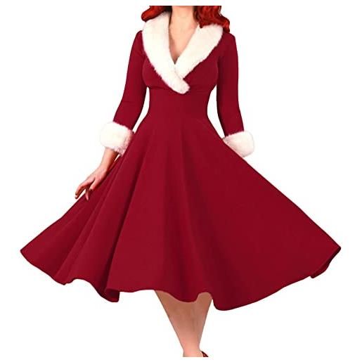 JokeLomple vestito da natale donna - in cotone velluto a maniche lunghe rosso elegante stampa morbido e confortevole vintage abito casual inverno abito da sera babbo natale