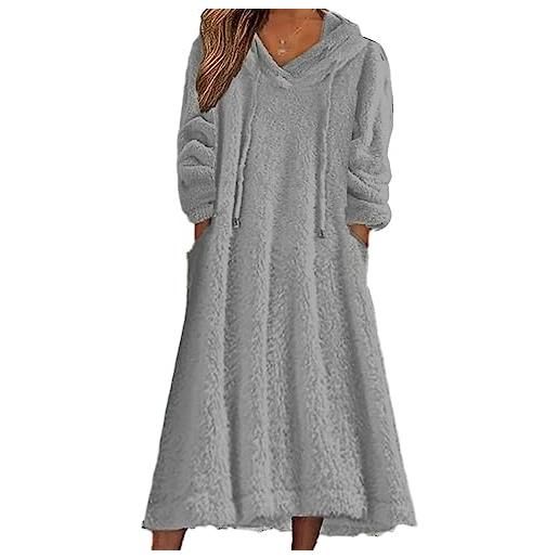 shownicer abito felpato in pile donna vestito elegante lungo felpa con cappuccio manica lunga tinta unita abito super spessore caldo hoodie con tasche a nero xl
