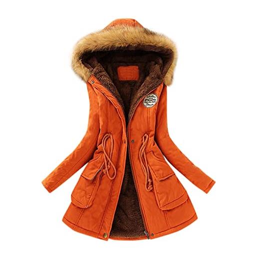 EMUKFD giacca invernale da donna parka militare addensare caldo pile cotone cappotto moda smin fit pelliccia cappuccio outwear con tasche, 01-arancione, m