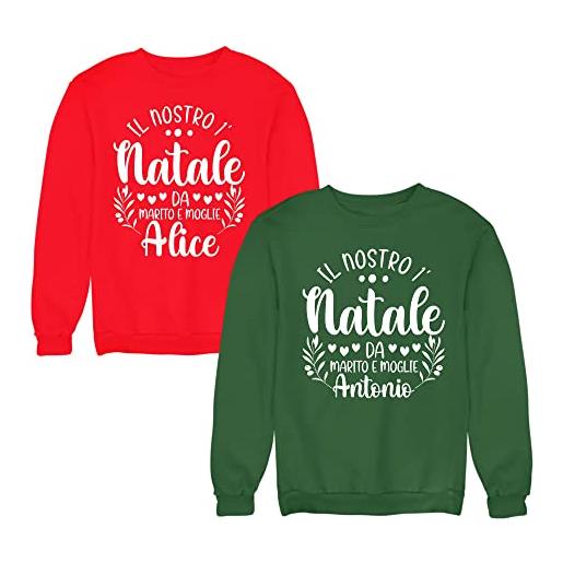 Colorfamily coppia felpe girocollo natale natalizie personalizzabili con nome lui e lei primo natale da marito e moglie