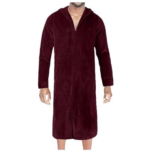 Beokeuioe vestaglia da uomo lunga in cotone - cappotto da sauna in flanella con cappuccio e zip in pile, sciarpa allungata in peluche a maniche lunghe, vino b. , l