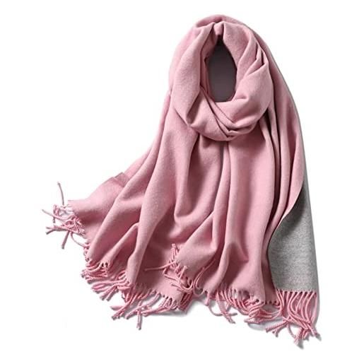 Musihy scialle donna invernale elegante, scialle donna invernale elegante finto cashmere grigio rosa doppia tinta unita con nappina 200x65cm