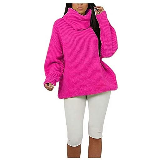 TrendyFashion maglione da donna con collo a polo, fluorescente, da donna, grosso, lavorato a maglia, da indossare a collo alto, 8-14, rosa fluo, 40-42