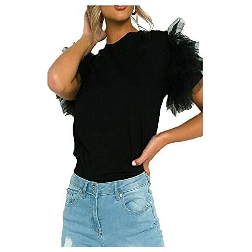 TrendyFashion t-shirt da donna in tulle con scollo rotondo e volant in rete da donna con maniche a sbuffo, nero , 16-18