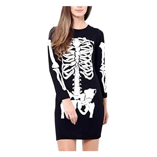 FAIRY TRENDZ vestito da donna con scheletro, a maniche lunghe, da donna, per halloween, vestito da scheletro, mini abito aderente, nero , 48-50