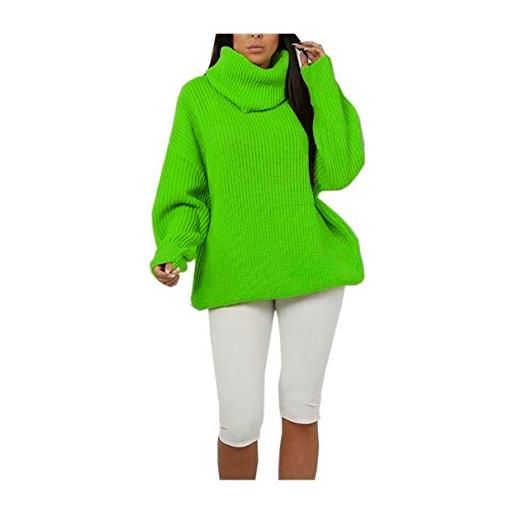 FAIRY TRENDZ maglione da donna a maniche lunghe, con collo alto, a collo alto, lavorato a maglia, con scollo a polo, verde fluorescente, 44-46
