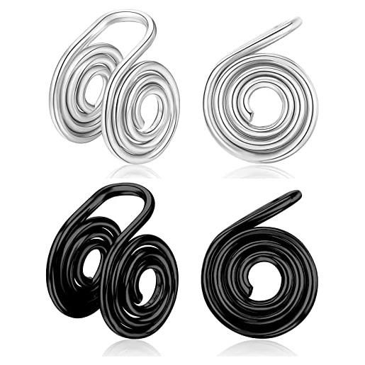 KWUNCCI orecchini a pressione per cheloidi 10mm orecchini a spirale avvolti in filo orecchini a clip in acciaio inossidabile orecchini non forati polsini finto anello naso cerchio finto, argento/nero. 