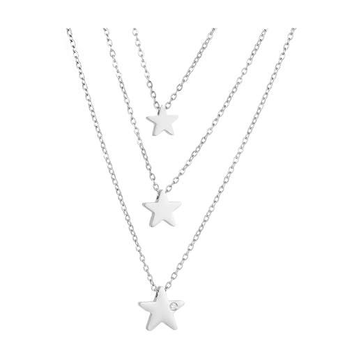 inSCINTILLE cuori e stelle collana donna multifilo tre fili in acciaio inossidabile con ciondolo e punto luce (stelle argento)