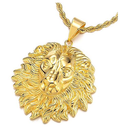 COOLSTEELANDBEYOND colore oro testa di leone ciondolo, collana con pendente da uomo donna, acciaio inossidabile, con 75cm catena corda