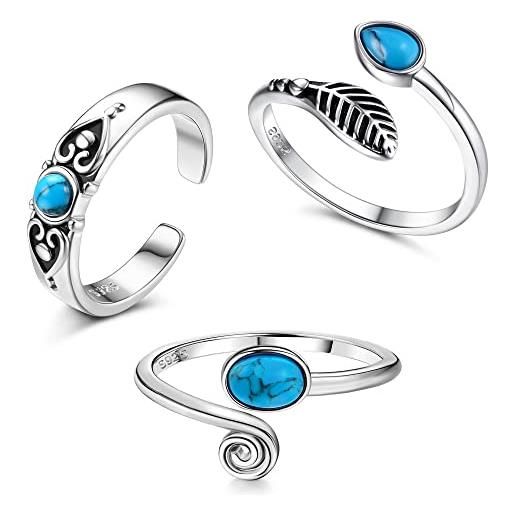 Sllaiss anello da donna in argento sterling con zirconi turchesi, set da 3 pezzi, regolabile, aperto, per i piedi estivi, metallo prezioso, zirconia cubica