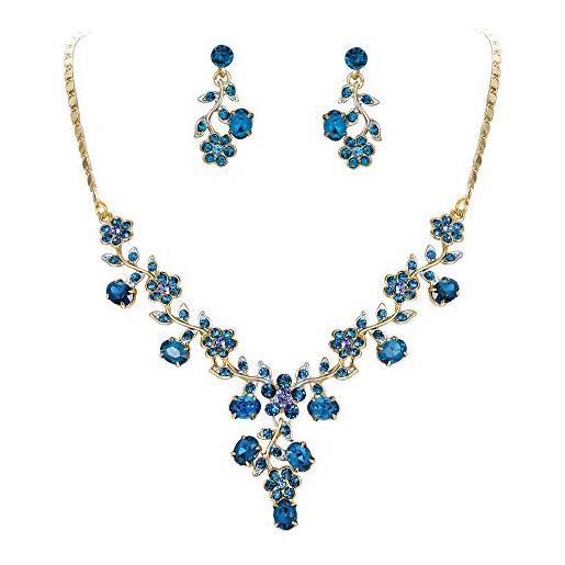 EVER FAITH set gioielli donna, cristallo austriaco sposa fiore foglia collana orecchini set blu oro-fondo