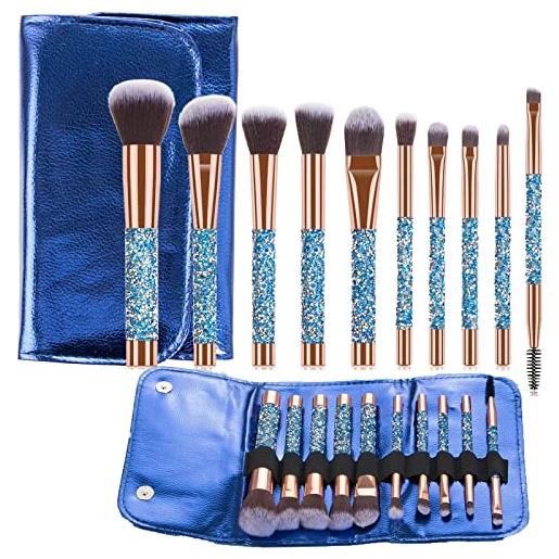 Azoiikwd glitz and glam essentials - 1 set di pennelli da trucco con strass, set di pennelli professionali per cosmetici di bellezza, con borsa per strumenti per il trucco del viso (blu)