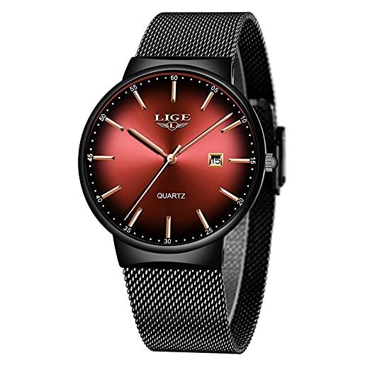 LIGE orologio da uomo impermeabile in acciaio inossidabile moda semplice analogico al quarzo orologio da polso uomo (nero rosso)