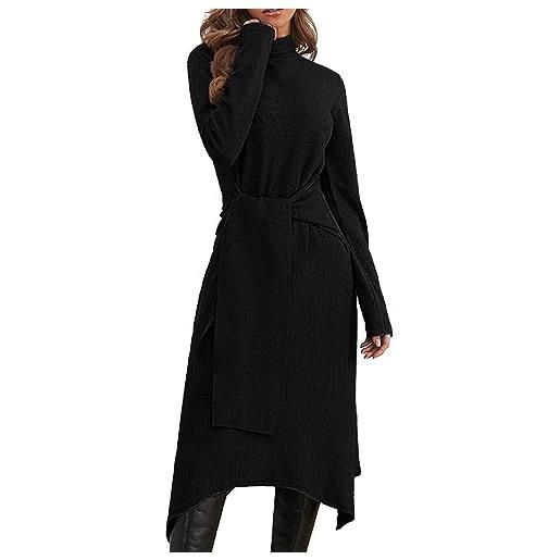 JayscreateEU abito da donna in maglia elegante, con collo alto, caldo, per l'autunno, con cintura, a maniche lunghe, abito midi, nero , s