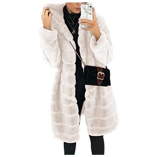 Vagbalena cappotto donna in lana felpata con cappuccio giacca lunga inverno casual in pile finto montone cappotto con cappuccio giacca lunga calda cardigan pelliccia finta peluche giacca (bianco, l)