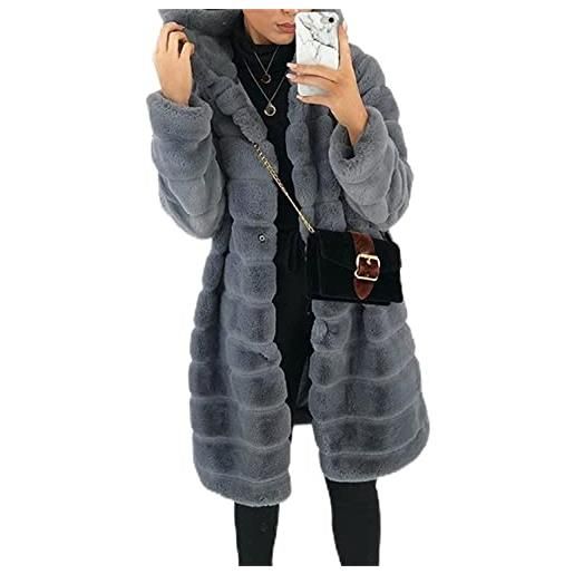 Vagbalena cappotto donna in lana felpata con cappuccio giacca lunga inverno casual in pile finto montone cappotto con cappuccio giacca lunga calda cardigan pelliccia finta peluche giacca (grigio, m)
