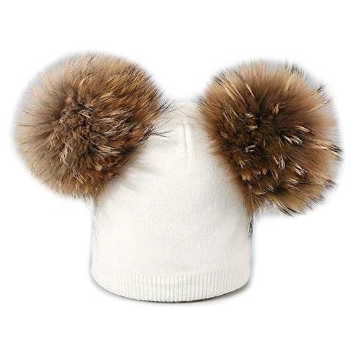 Brillabenny cappello cuffia doppio pon pon vera pelliccia naturale bambino 1-4/4 anni baby hat berretto (bianco)