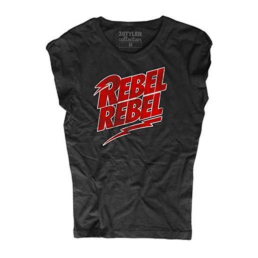 3styler t-shirt donna nera rebel rebel fulmine thunder david duca bianco - music shirt - linea collection - cotone fiammato (slub) 150 gr/mq (s, nero)
