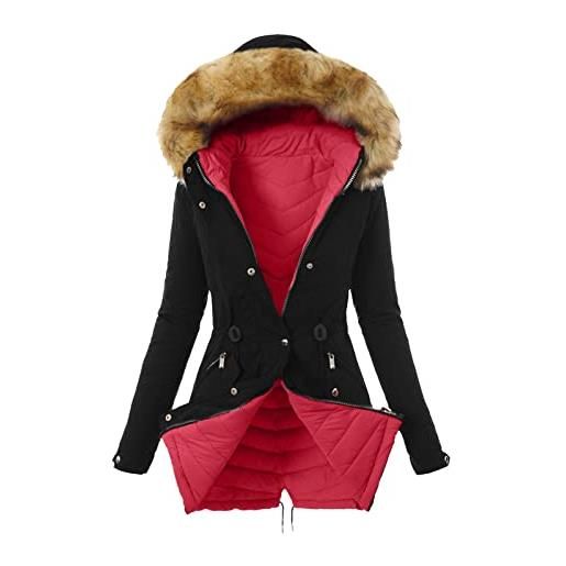 Lalaluka giacca da donna in peluche a maniche lunghe, con tasca con cerniera, spessa, tinta unita, giacca invernale, colore: rosso, xxl