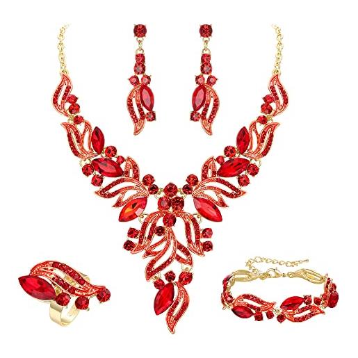 EVER FAITH costume party jewelry art deco marquise cristalli y-shaped collana orecchini pendenti bracciale set per prom rosso oro-fondo