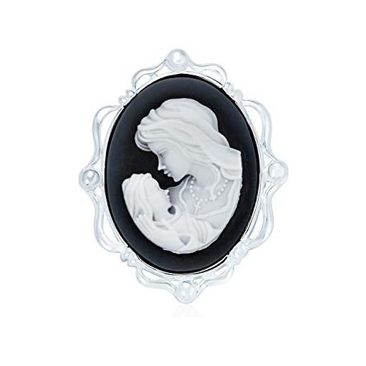 Bling Jewelry stile classico antico d'epoca nero bianco intagliato ovale incorniciato lady vittoriana ritratto madre e figlio cameo ciondolo e spilla collana per donne madre. 925 sterling argento